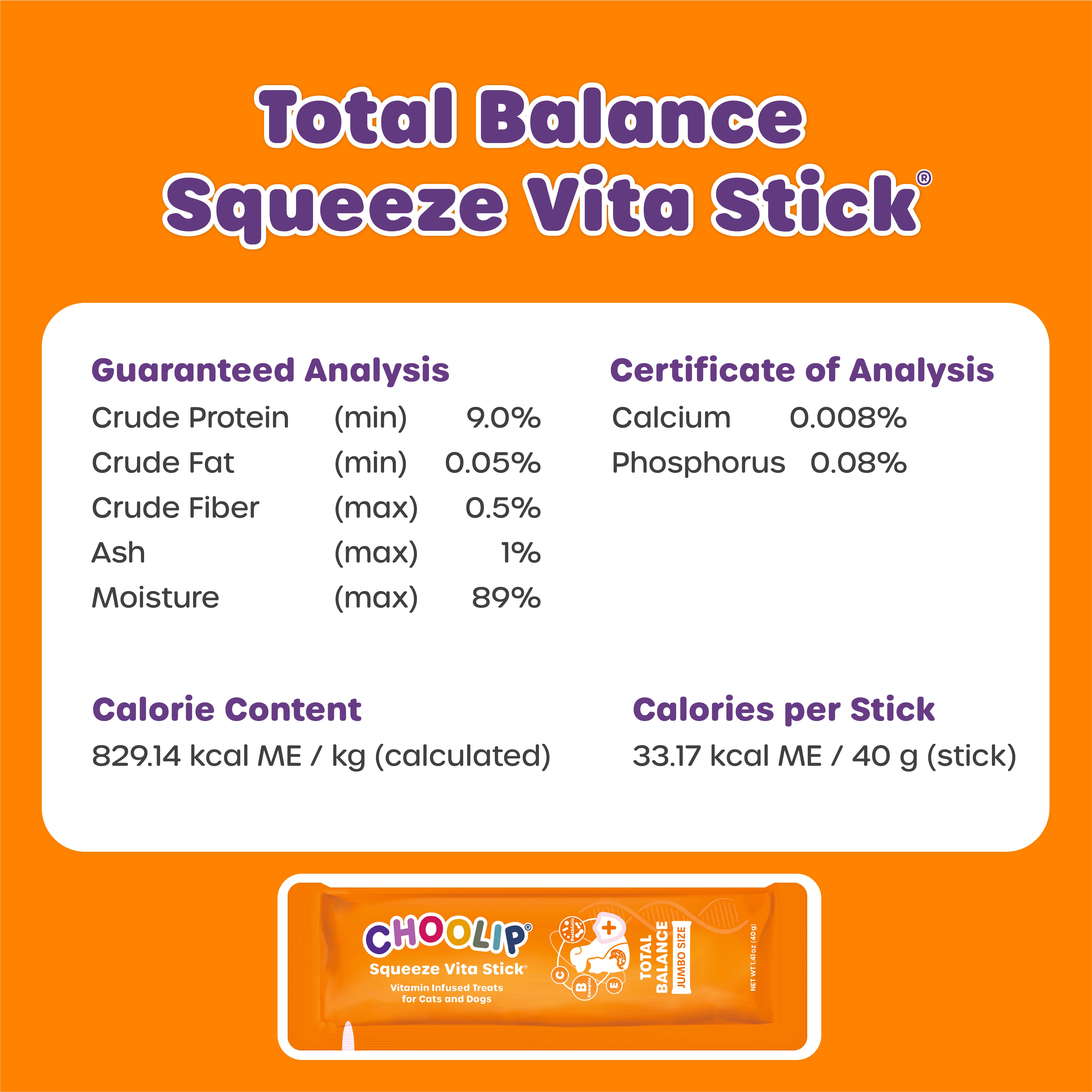 Total Balance Squeeze Vita Stick label with nutritional information on an orange background