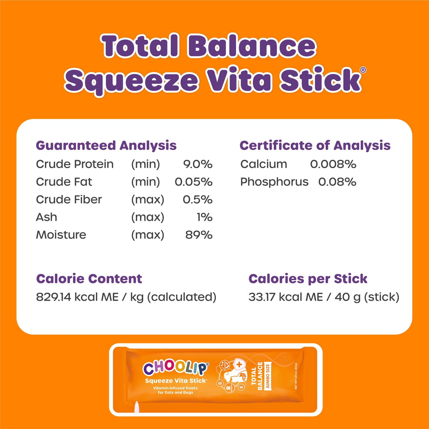 Total Balance Squeeze Vita Stick label with nutritional information on an orange background