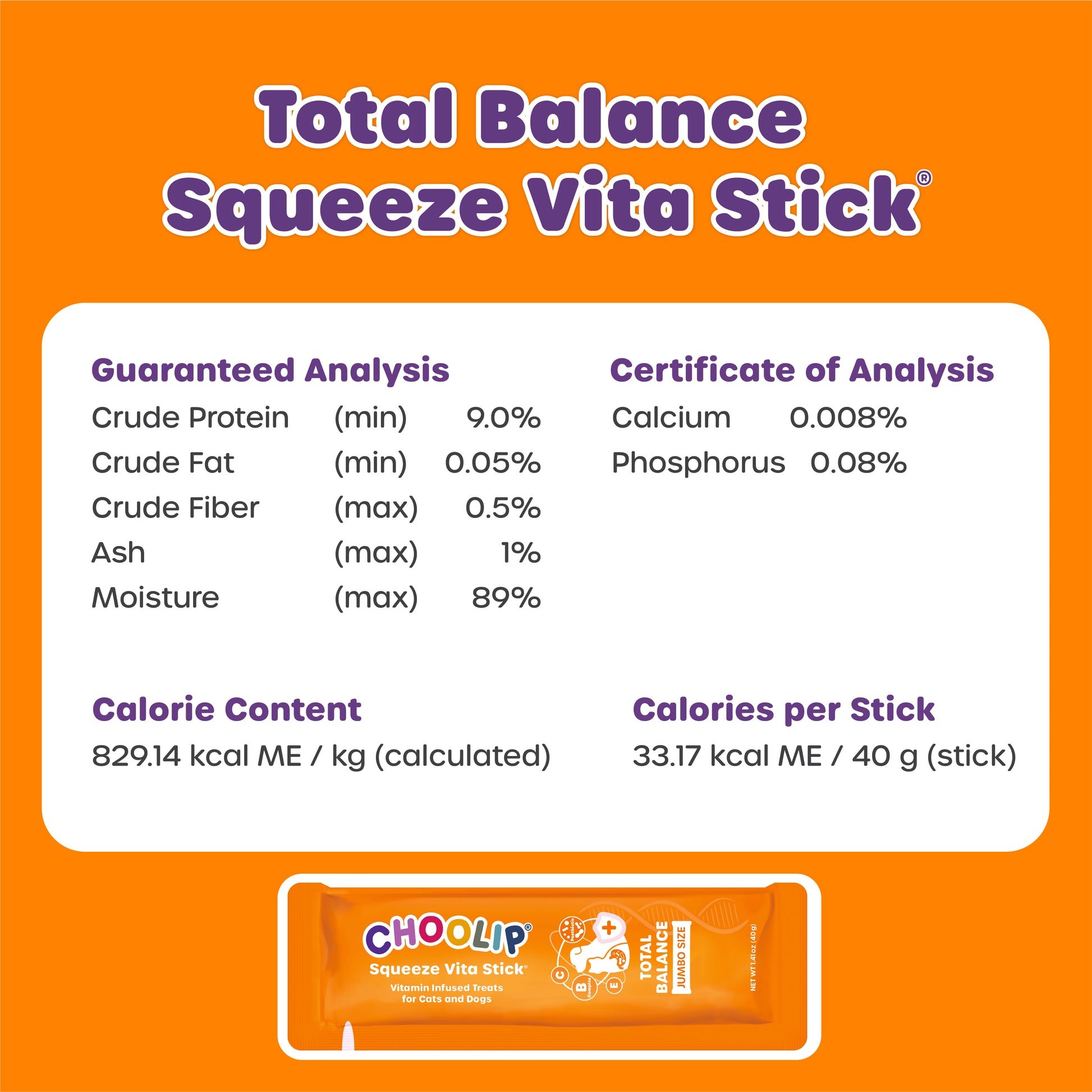 Total Balance Squeeze Vita Stick label with nutritional information on an orange background