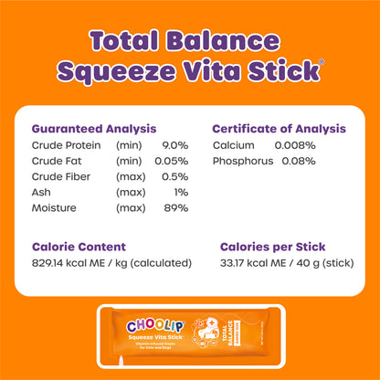 Total Balance Squeeze Vita Stick label with nutritional information on an orange background