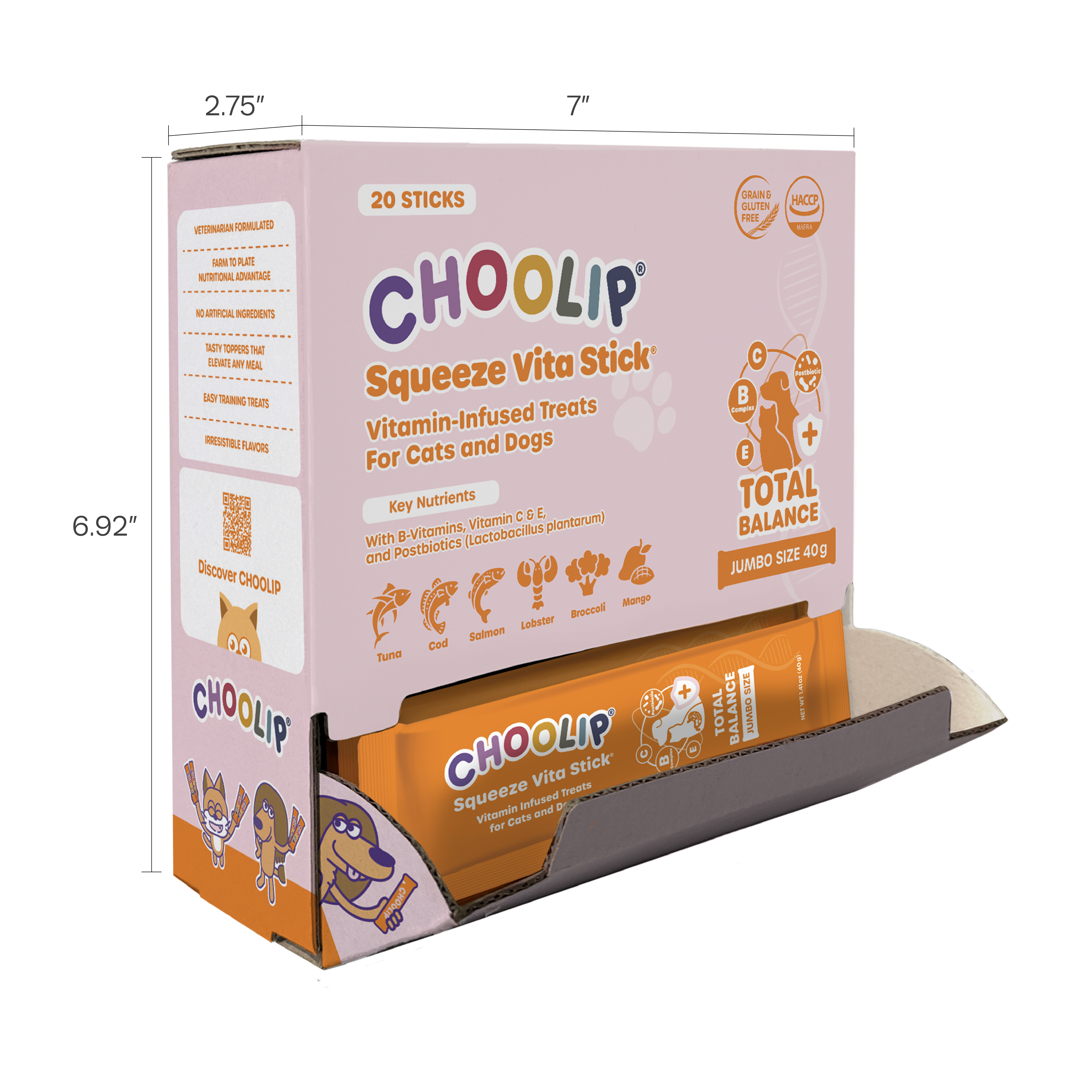 Choolip Squeeze Vita Stick packaging with dimensions on a white background