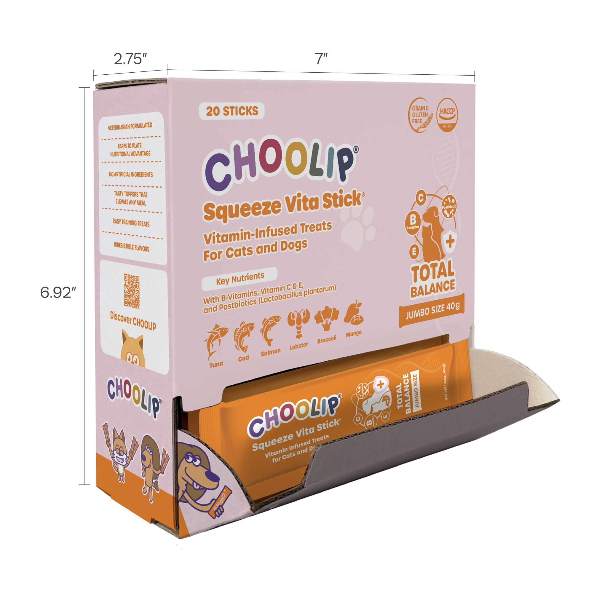 Choolip Squeeze Vita Stick packaging with dimensions on a white background