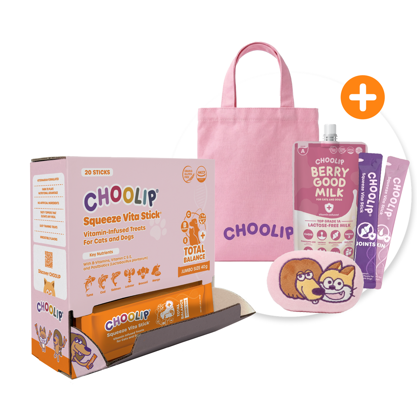 Choolip products including Total Balance gravity fall box, Choolip pink tote bag, pet toy, Berry Good Milk and two Squueze Vita Sticks.