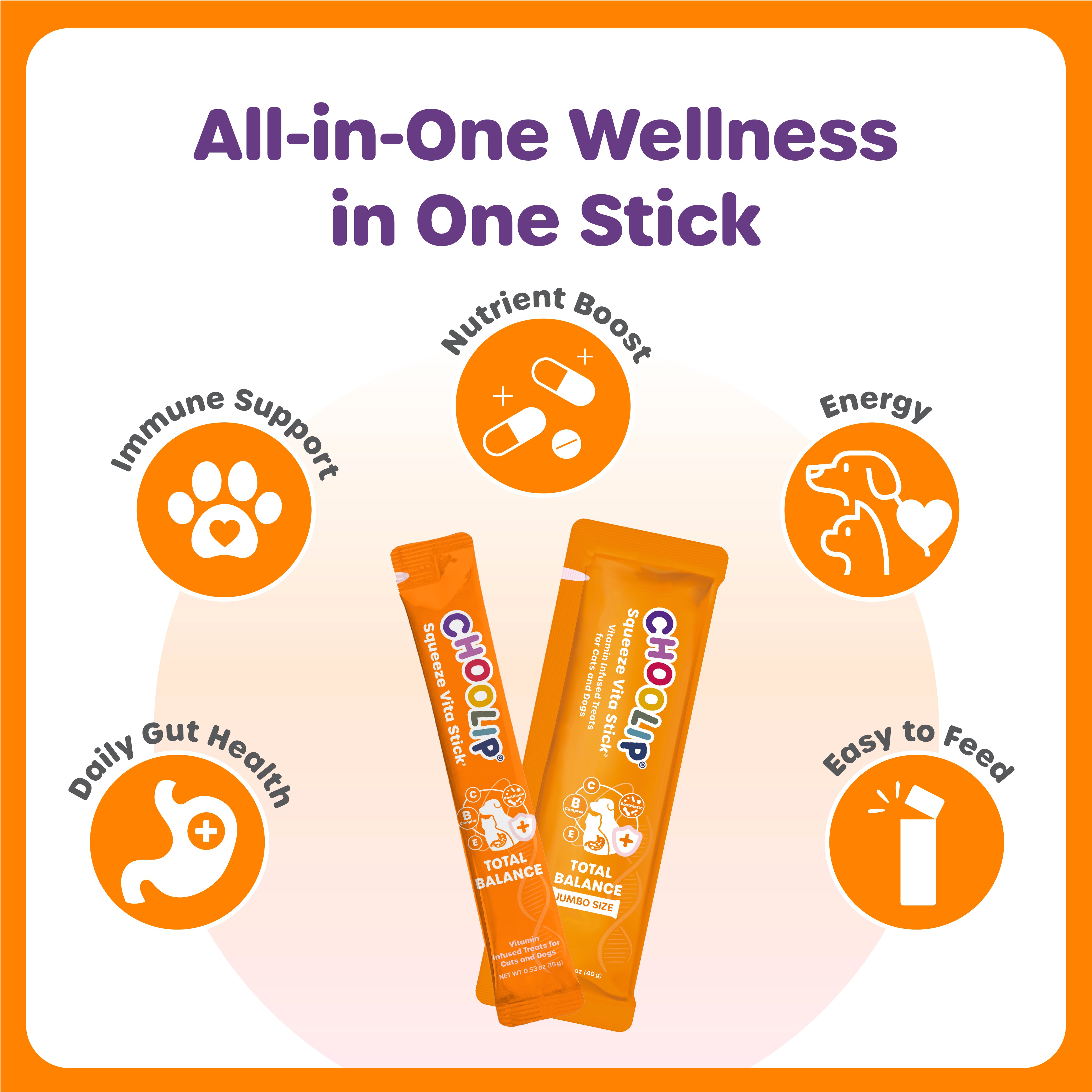 Two different sizes of CHOOLIP Total Balance pet treats on a white with text