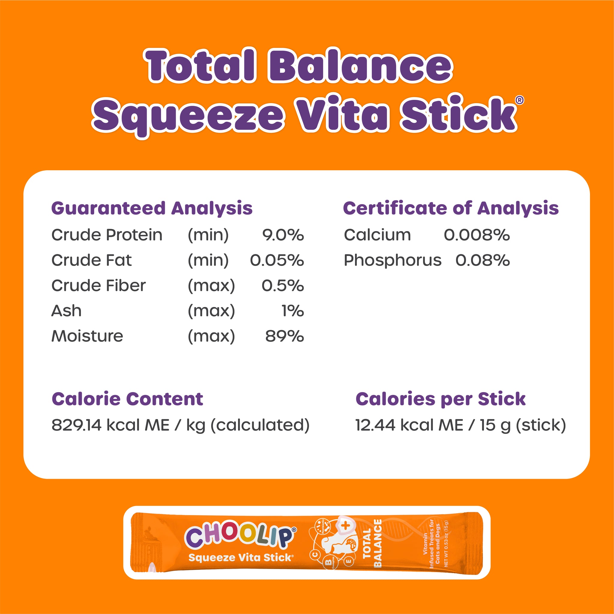 Total Balance Squeeze Vita Stick with nutritional information on an orange background