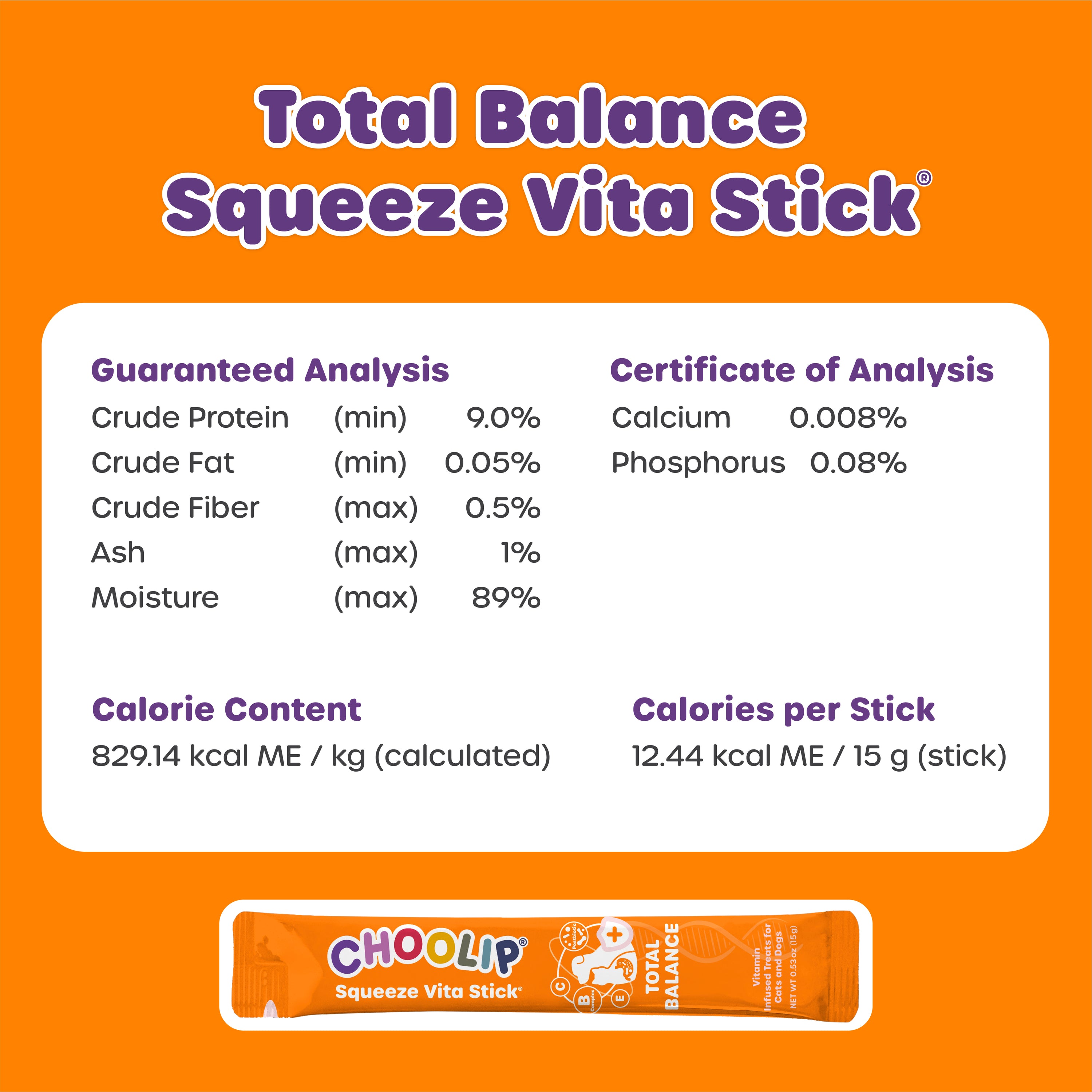 Total Balance Squeeze Vita Stick with nutritional information on an orange background