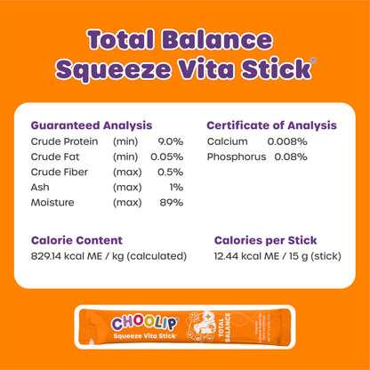 Total Balance Squeeze Vita Stick with nutritional information on an orange background