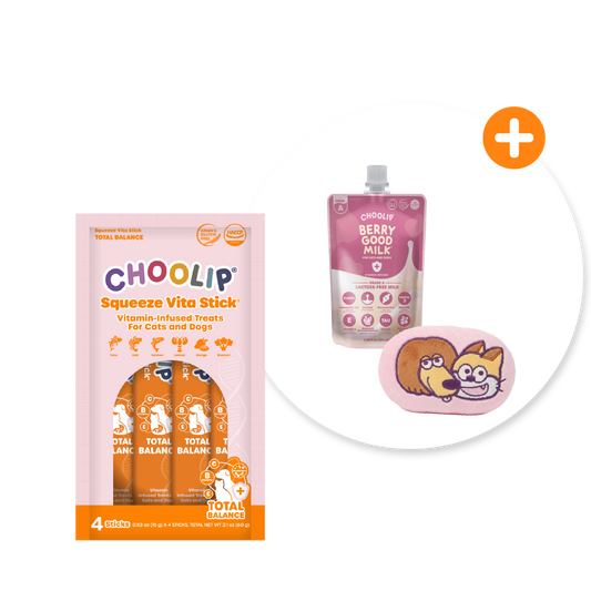 Total Balance 4 pack sticks, Berry Good Milk product and pet toy.