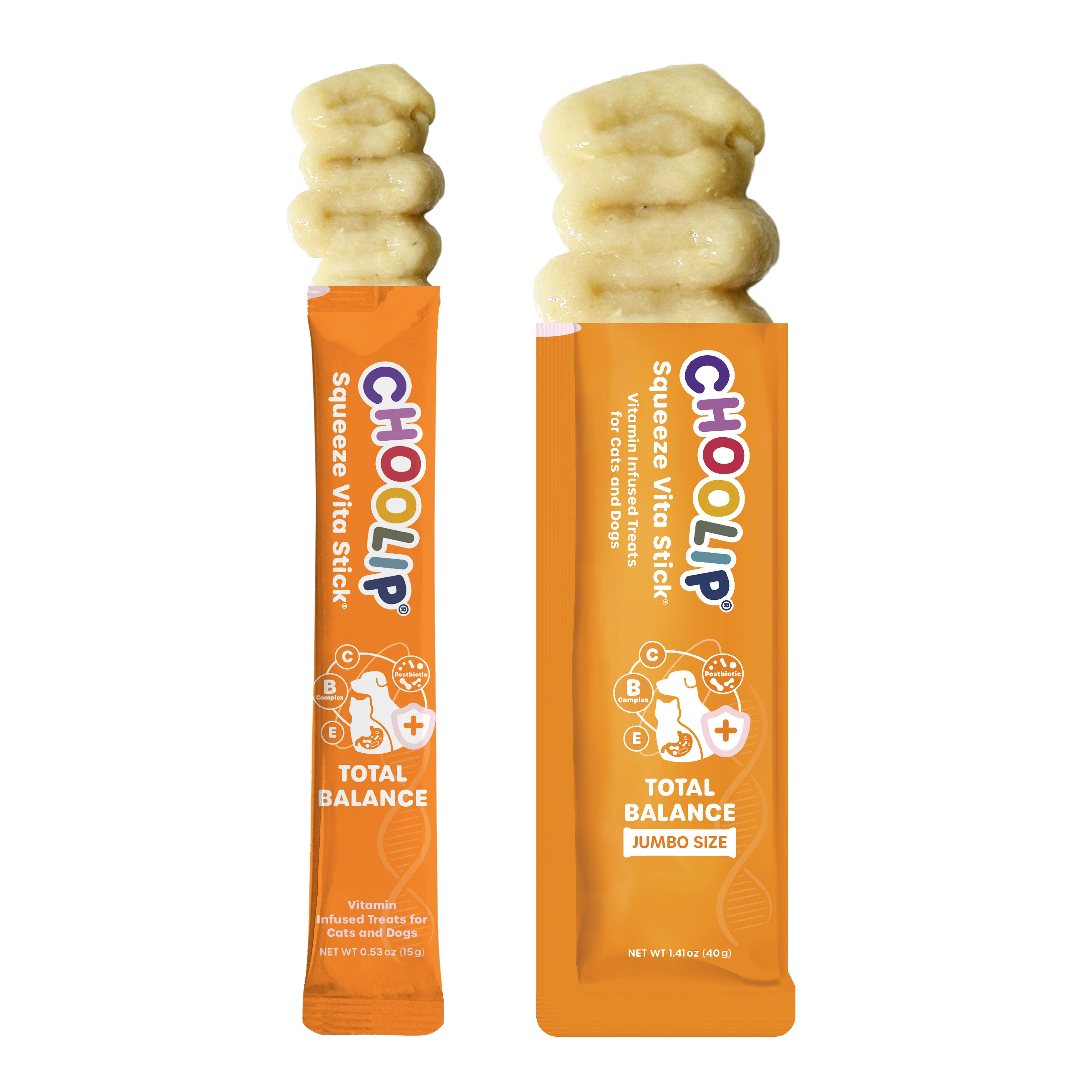 Two different sizes of CHOOLIP Total Balance pet treats on a white background