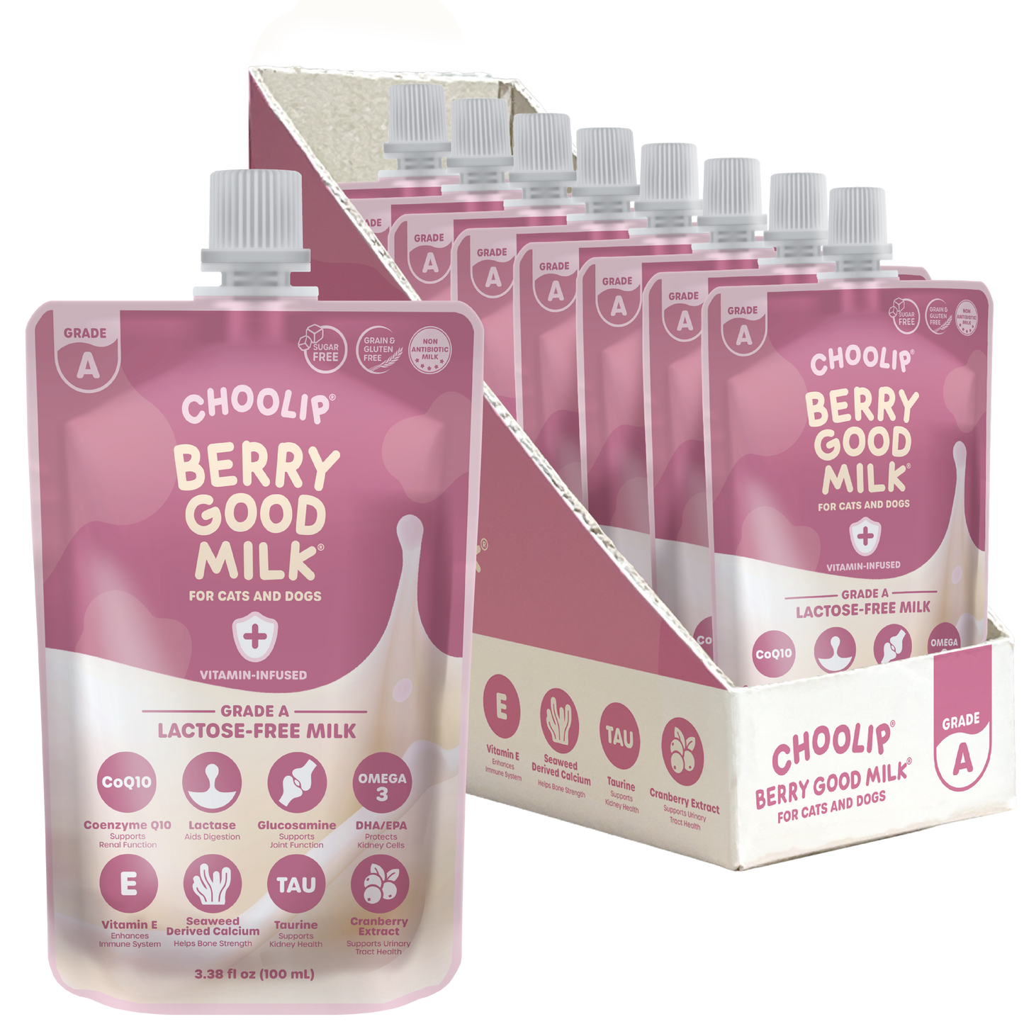 Choolip Berry Good Milk packaging for cats and dogs with a display box.