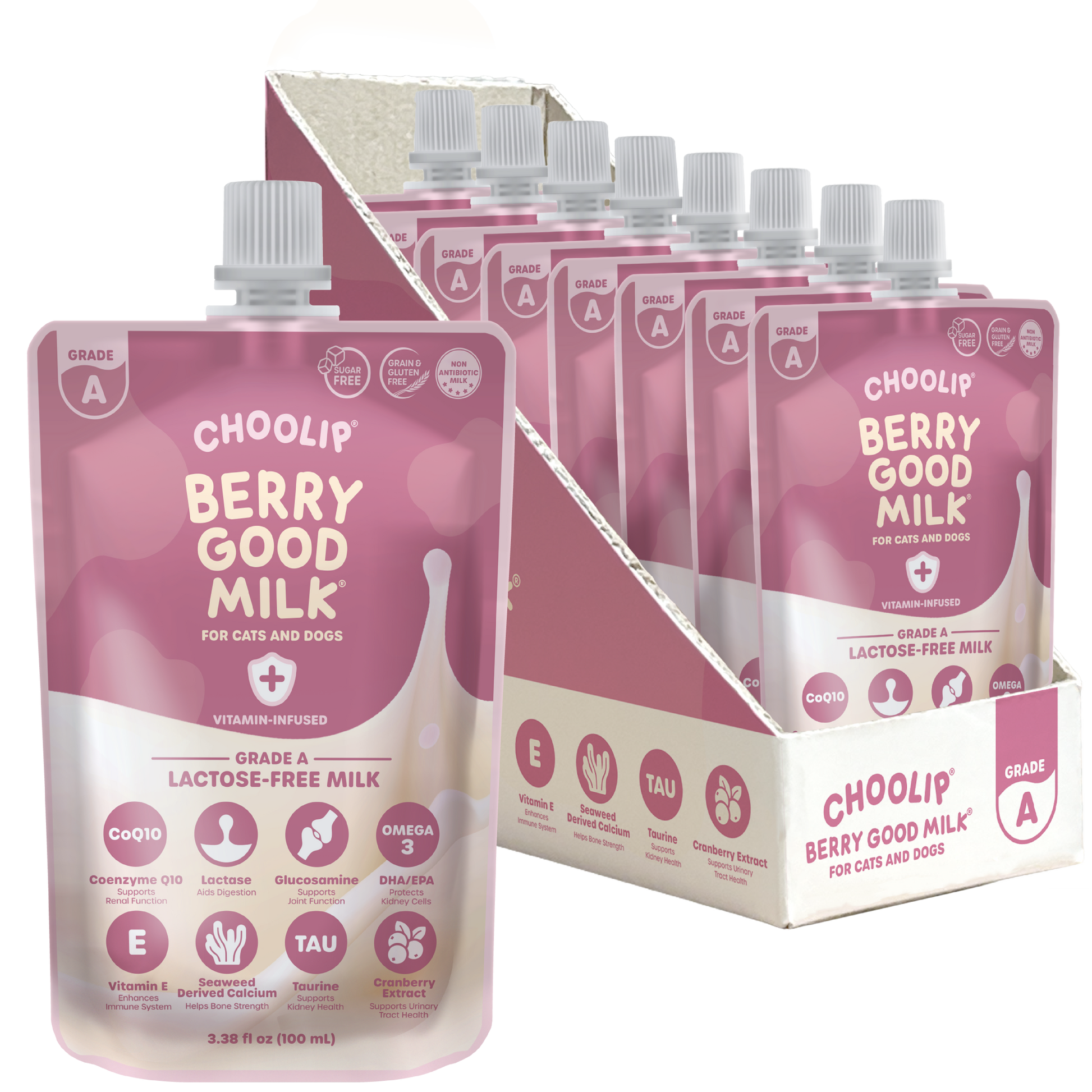 Choolip Berry Good Milk packaging for cats and dogs with a display box.