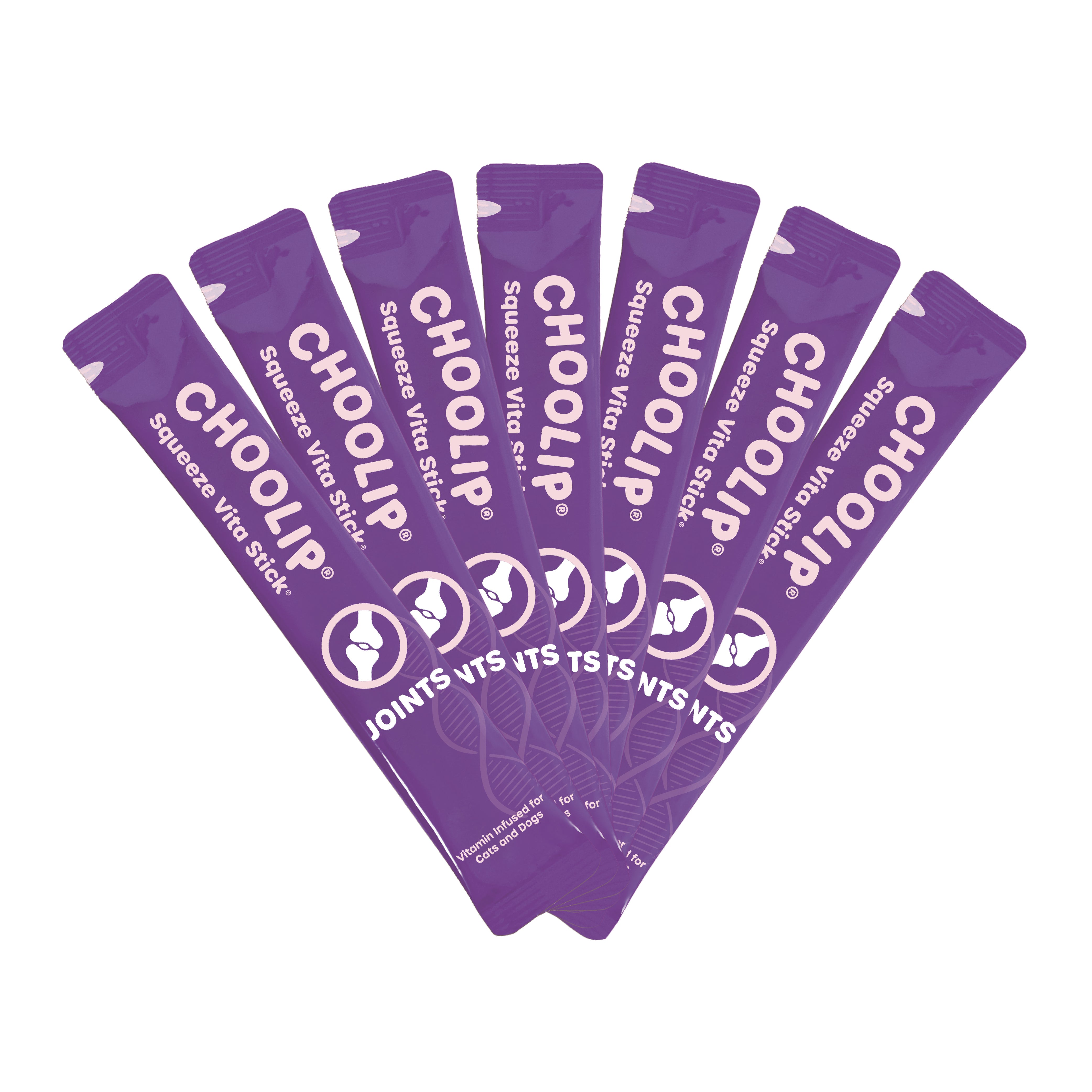 Six purple CHOOlip Squeeze Vita Stick packets fanned out on a plain white background.