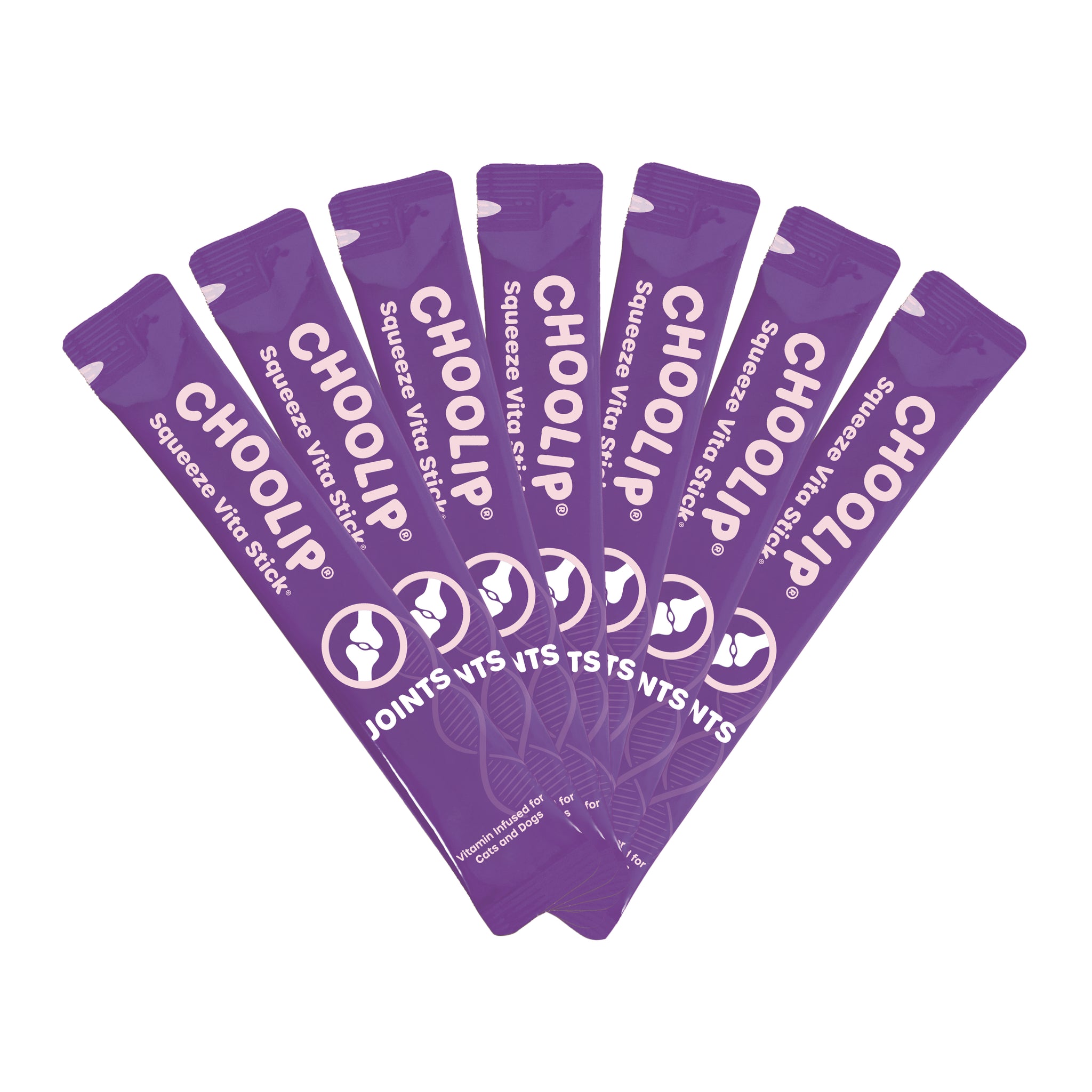 Six purple CHOOlip Squeeze Vita Stick packets fanned out on a plain white background.